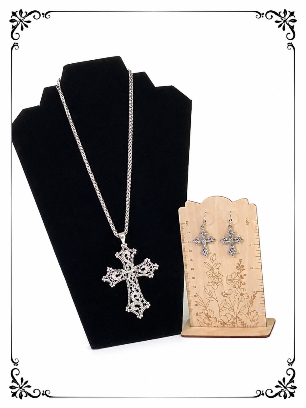 Gothic Cross Necklace & Matching Earrings Set Filigree Silver Tone Chain Unisex